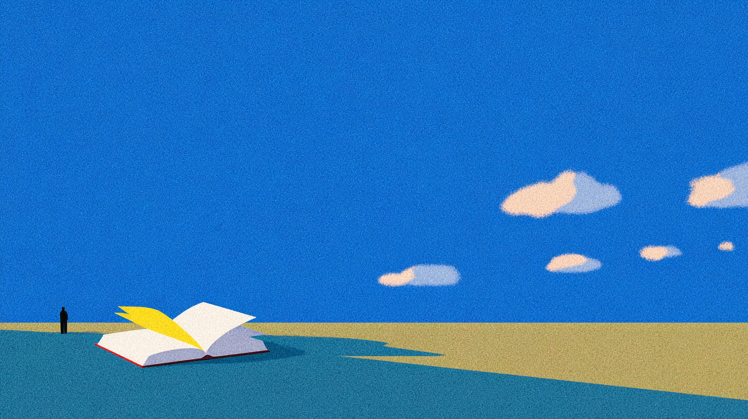 広い空の下に開かれた聖書の挿絵